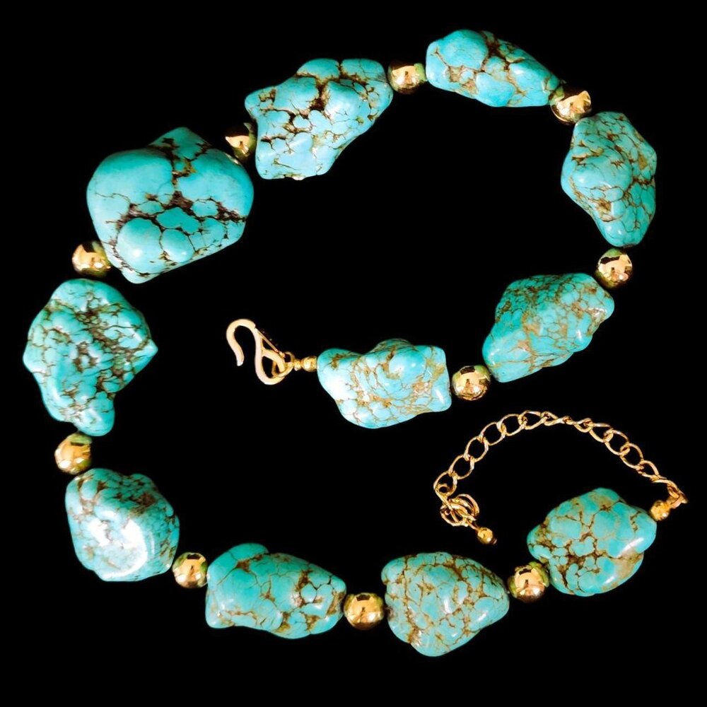 VINTAGE Kenneth Jay Lane Turquoise Nugget Statement Necklace Signed 17"-21" - Picture 6 of 8